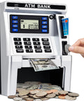 ATM Style Piggy Bank For Kids With Real Money Deposits Debit Card Access Bill Feeder in Black with coins and bills