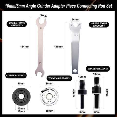 Angle Grinder Drill Adapter Kit components including spanner wrenches, flange nuts, and connecting rod for grinding and sanding.
