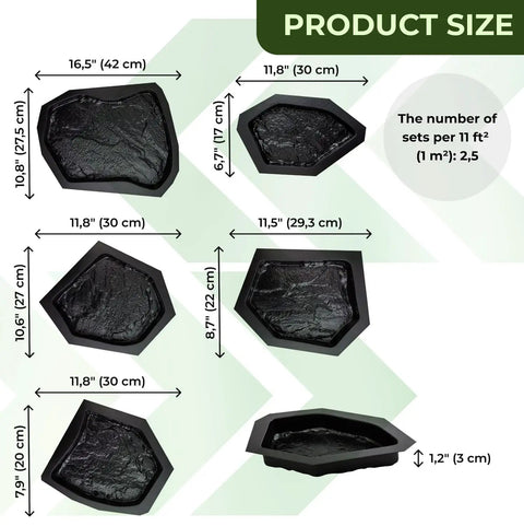 Product size chart showing 6 Pack Flagstone Paver Molds For Concrete, Reusable ABS 2mm Cement Casting Forms with measurements.