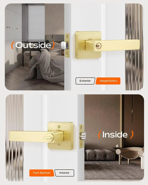 Built Tough Heavy Duty Gold Door Lock Set With Keys for Interior or Exterior Doors, satin brass finish on a door