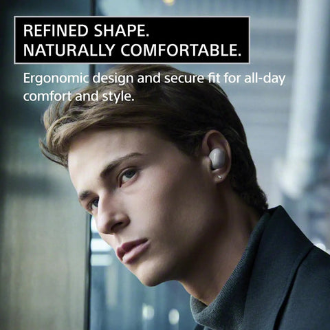 Man wearing WF-1000XM6 True Wireless Earbuds With Top Notch Noise Canceling And Studio Quality Sound, All Day Battery Life
