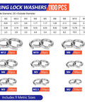 1100 Piece Spring Lock Washers Set In Stainless Steel For Screws And Bolts Metric Split Lock Washers From M2 To M12 Pro Grade Lock Washer Kit For DIY Home Projects And Industrial Fastening shown with size chart and quantity breakdown.
