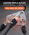 Lighted triple tap of the Retractable Extension Cord Reel With 40 Ft Heavy Duty 12 AWG SJTOW Cord, 3 Grounded Outlets