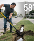 Man using Heavy Duty Digging Shovel with Fiberglass Handle 58 Inch Length for quick dirt penetration in a roadside trench