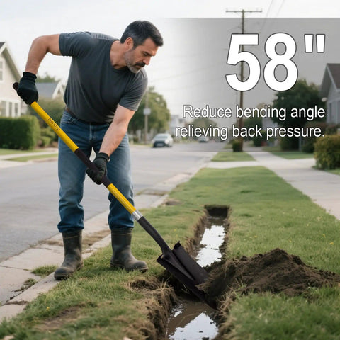 Man using Heavy Duty Digging Shovel with Fiberglass Handle 58 Inch Length for quick dirt penetration in a roadside trench