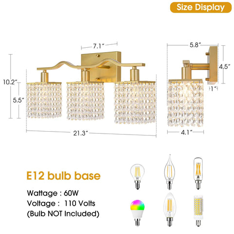 Gold Crystal 3 Light Vanity Wall Sconce For Bathroom Home size display with crystal beads chain and E12 bulb base options.