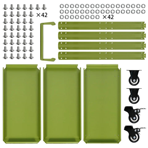 Parts layout of 3 Tier Rolling Tool Cart With Lockable Silent Wheels And 330 Lbs Capacity, including trays, wheels, and bolts.