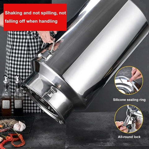 Enormous Heavy Duty 304 Stainless Steel Milk Can Jug Built Different For Bulk Rice Flour Sugar Coffee Beans Commercial Grain Storage Containers With Tight Seal Lid, featuring secure locking handle.