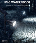 Solar Spot Lights Outdoor Waterproof IP65 showcasing rain and snow resistance, illuminating stones at night, 600LM 18 LEDs.