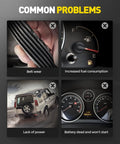 Image illustrating common vehicle problems: belt wear, increased fuel consumption, lack of power, and dead battery.