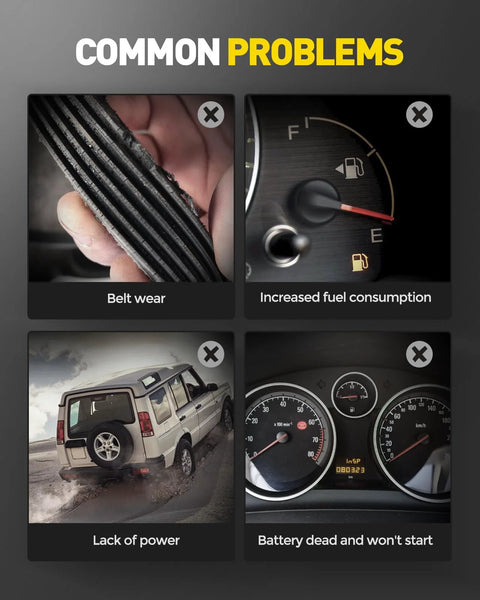 Image illustrating common vehicle problems: belt wear, increased fuel consumption, lack of power, and dead battery.