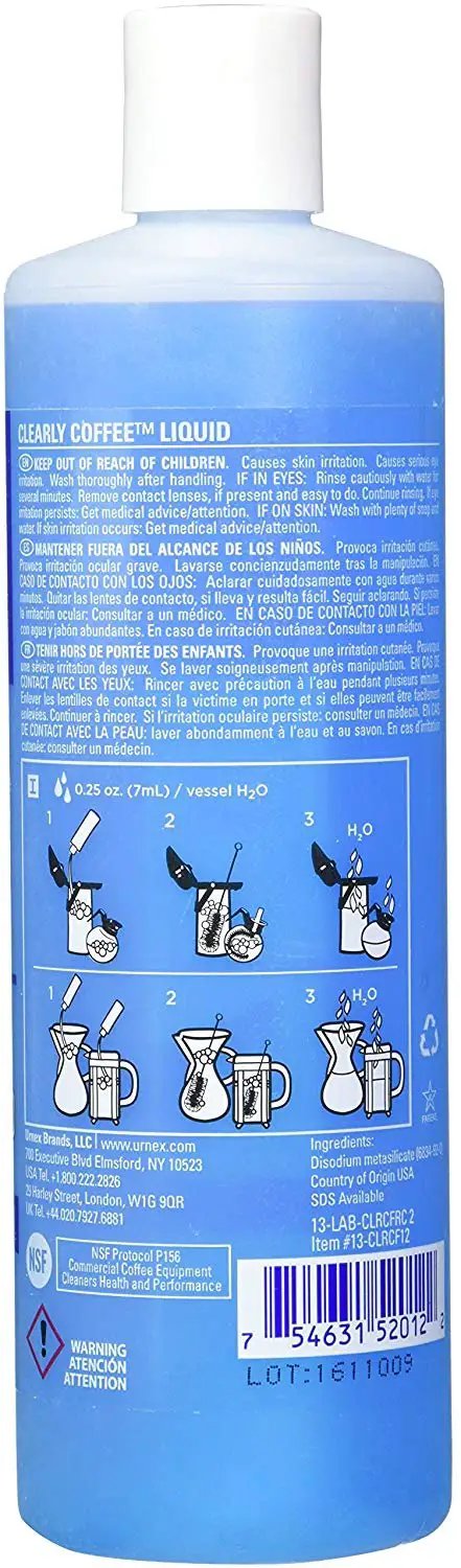 Clearly Coffee Pot Cleaner 3 Pack No Fuss For Glass Bowls French Press Airpots Satellite Brewers And Thermal Servers Busts Coffee Oils NSF Certified For Metal Compatibility Made In USA Blue Liquid Cleaner back label with instructions.