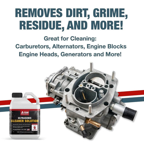 Top Shelf Ultrasonic Cleaner Solution One Gallon Concentrate with carburetor, effective for tough grease removal.
