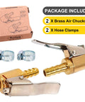 Lock On Air Chuck With Clip For 1/4 Inch Pro Grade Brass Portable Tire Inflator Nozzle Presta Valve Adapter And Tire Chucks For Air Compressors Barb Connector 2 Pack with packaging and hose clamps