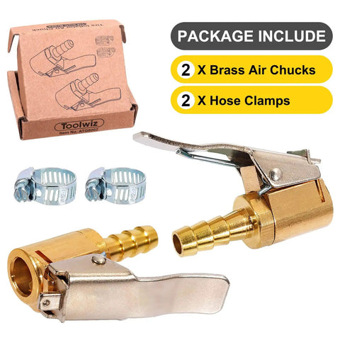 Lock On Air Chuck With Clip For 1/4 Inch Pro Grade Brass Portable Tire Inflator Nozzle Presta Valve Adapter And Tire Chucks For Air Compressors Barb Connector 2 Pack with packaging and hose clamps