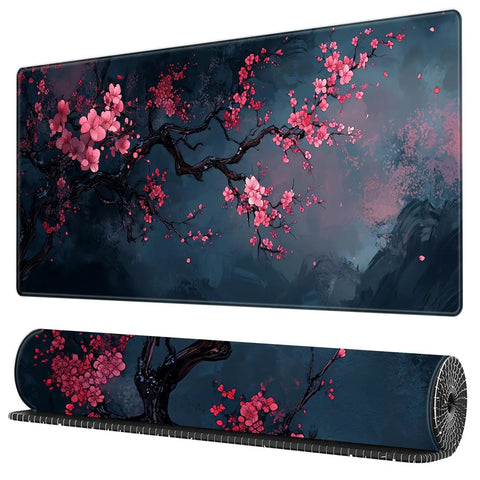 Pink Flower Extended Gaming Mouse Pad XL with Non Slip Base and Stitched Edges, large desk pad 11.8 by 31.5 inches, frontal view