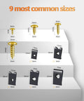 9 most common sizes of screws and U-clips from 170 Piece U Clip And Screw Kit For Car Interior Fasteners, Self Tapping Screws And U Nuts