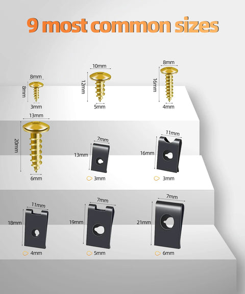 9 most common sizes of screws and U-clips from 170 Piece U Clip And Screw Kit For Car Interior Fasteners, Self Tapping Screws And U Nuts