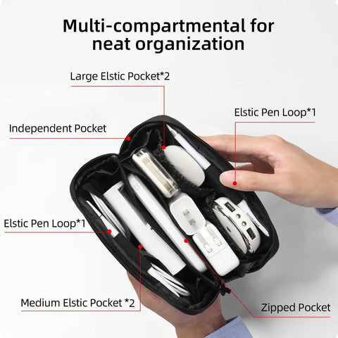 Waterproof Travel Tech Pouch Electronics Organizer Cable Case For Chargers Cables USB Drives Earbuds And Small Gadgets Compact Portable Black Travel Essential On The Go, shown open with gadgets organized inside.