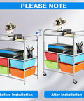 Before and after installation of caster wheels on a storage cart, showing improved mobility with visible caster replacements.