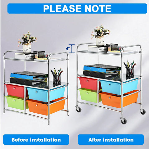 Before and after installation of caster wheels on a storage cart, showing improved mobility with visible caster replacements.