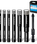 Seven Piece Diamond Drill Bit Set For Ceramic Porcelain Marble Granite And Glass With Dry Core Bits And Wax Lubricant shown in packaging