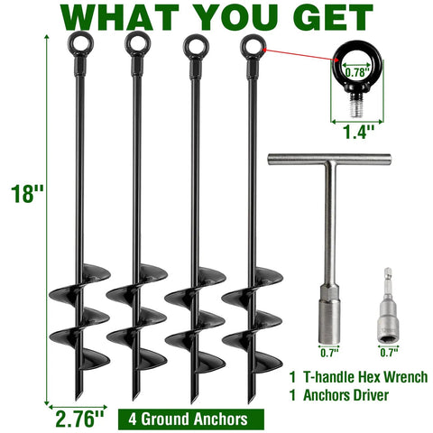 Heavy Duty Ground Anchors 18 Inch 4 Pack Screw In Earth Anchors For Swing Sets Tents Sheds, set with T-handle hex wrench and driver