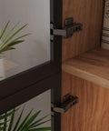 Close-up of hinge and glass door on Walnut Display Cabinet With Glass Doors And Three Drawers App Controlled LED Lights Tall Bookcase Storage Display Case For Collectibles Living Room Office Or Kitchen.
