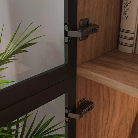 Close-up of hinge and glass door on Walnut Display Cabinet With Glass Doors And Three Drawers App Controlled LED Lights Tall Bookcase Storage Display Case For Collectibles Living Room Office Or Kitchen.