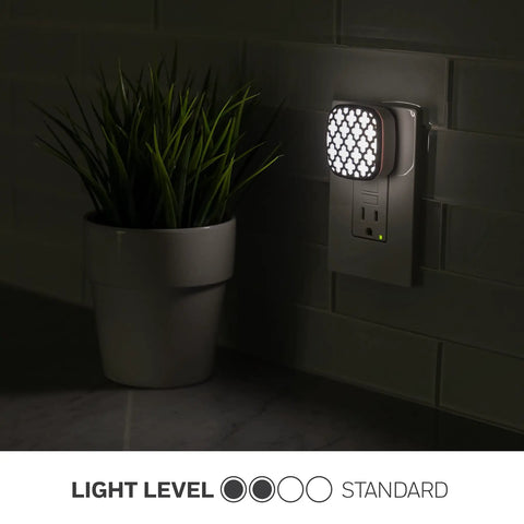 Ambient LED Night Light 2 Pack With Dusk To Dawn Sensor, Oil Rubbed Bronze Moroccan Design plugged in beside plant