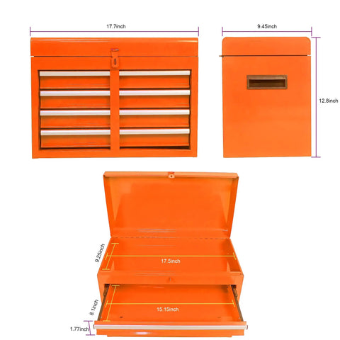 Five Drawer Portable Rolling Tool Chest On Wheels With Huge Capacity Storage For Garage Workshop And Home Projects In Bright Orange, front view showing dimensions.