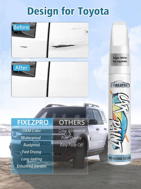 Toyota Touch Up Paint Pen 040 Super White Ice Cap for scratch removal before and after results with SUV in background