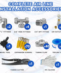 Complete set of installation accessories for Heavy Duty Three Quarter Inch Compressed Air Line Kit with tools and fittings visible.