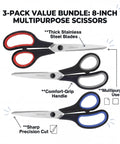 Triple Pack 8 Inch Heavy Duty Scissors With Comfort Grip Handles Pro Grade Ultra Sharp Stainless Steel Blades For Everyday Use