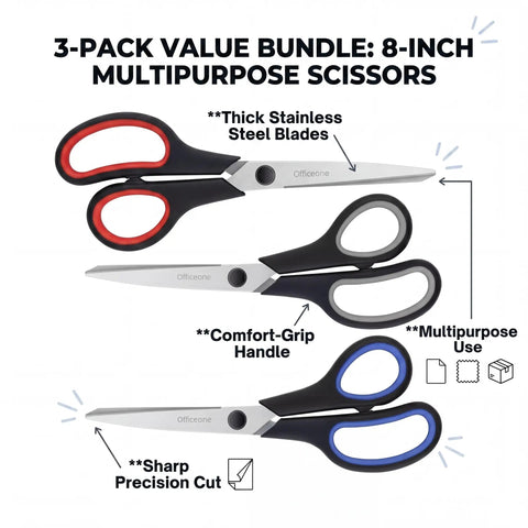 Triple Pack 8 Inch Heavy Duty Scissors With Comfort Grip Handles Pro Grade Ultra Sharp Stainless Steel Blades For Everyday Use