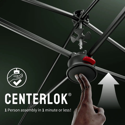 10x10 Pop Up Canopy With Center Lock One Push Setup showing easy lock mechanism for quick assembly in white.