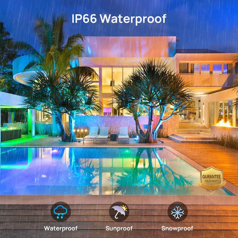 Smart WiFi RGB LED Flood Lights Outdoor With App Control And Alexa, IP66 Waterproof lighting on modern house and pool