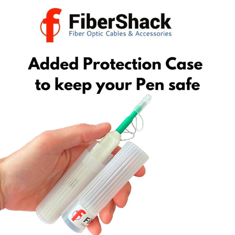 Fibershack 2.5mm fiber optic cleaner pen in protective case with dust caps, front view