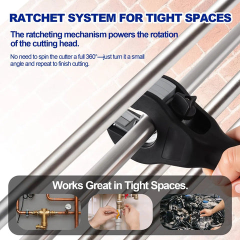 Ratcheting Tube Cutter For Tight Spaces With Ergonomic Handle And Sharp Blades That Easily Cut Copper Brass Aluminum Pipes