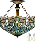 Sea Blue Tiffany Stained Glass Dragonfly Ceiling Light Fixture Lit Look Semi Flush Mount 16 Inch Wide 15 Inch High Antique Green Bronze Finish Hardwired Lamp Designer Home Lighting For Living Room And Foyer Ceiling Fixture