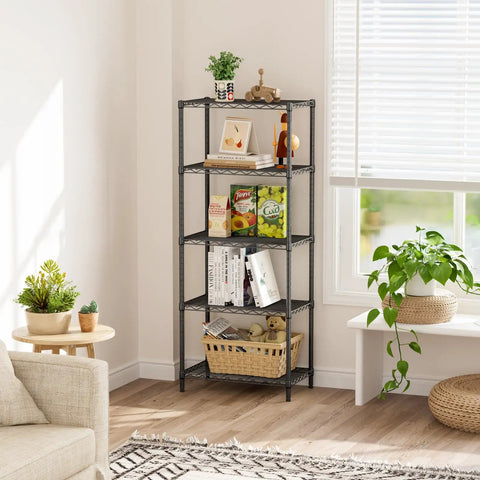 Beefy Five Tier Metal Wire Shelving Unit For Pantry And Garage Adjustable Shelves Up To 1000 Lbs Per Shelf With Stable Load Capacity 14 Inch Depth 24 Inch Width And 59.5 Inch Height in living room
