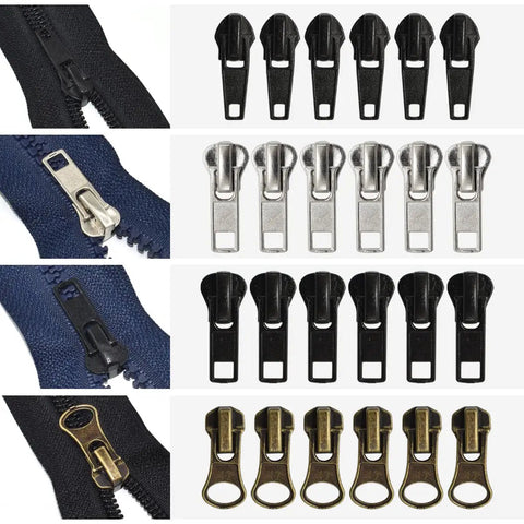 24Pcs Zipper Sliders Replacement Kit With Stops For Metal Plastic Nylon Coil Jackets Sizes 5 And 7, black and silver sliders