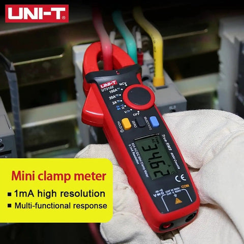 Dope Compact Digital Clamp Meter 100A True RMS For AC And DC Current And Voltage in use with electrical wiring setup