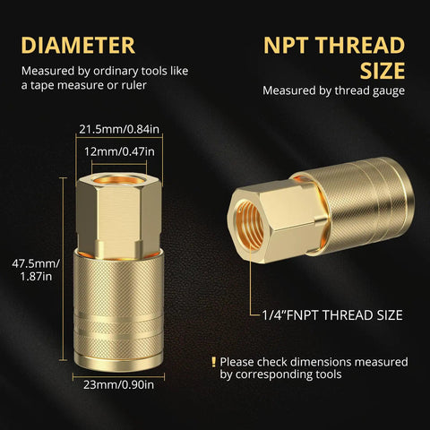 47 Piece One Quarter Inch NPT Air Coupler And Plug Kit With Brass And Copper Plated Fittings, detailing coupler dimensions