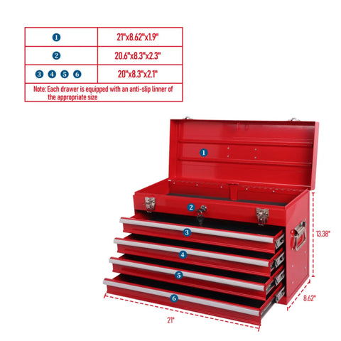 Open 4-Drawer Heavy Duty Metal Tool Chest With Ball Bearing Slides Portable Steel Tool Box Lockable Organizer With EVA Liners