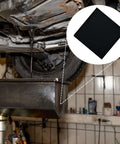 22 Inch Square No Splatter Oil Change Pad for Cars under vehicle during oil change, anti splash drain mat shown in close-up inset