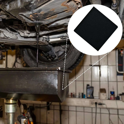 22 Inch Square No Splatter Oil Change Pad for Cars under vehicle during oil change, anti splash drain mat shown in close-up inset