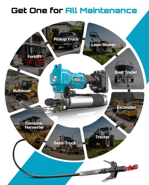 Cordless Electric Grease Gun Kit With 10000 PSI Output Quick Release Coupler 39.4 Inch Flex Hose Dual Batteries 6.4 Oz Per Minute Flow Heavy Duty Lubrication Tool For Truck Car Tractor 2026 Upgraded Edition, shown with various vehicle maintenance applications.
