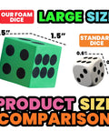 Bulk Pack Of 36 1.5 Inch Foam Dice In Assorted Colors For Kids And Classrooms shown next to standard dice for size comparison