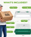Product image showing components of No Fuss Seed Starter Tray Kit With Reusable Germination Trays, Humidity Domes, 40 Cell Green Set.